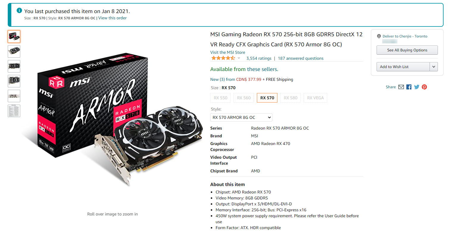 MSI Gaming Radeon RX 570 256-bit 8GB GDRR5 DirectX 12 VR Ready CFX Graphcis Card (RX 570 Armor 8G OC)